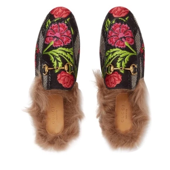 Authentic Gucci Tapestry Brocade Fur Floral Princetown Slides Mules - Picture 4 of 10